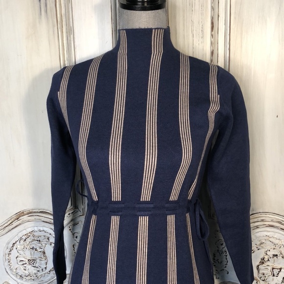 New Fashion Cadet Blue with Cream Strips Mock Neck Self Belts Long Sleeve Dress - Picture 2 of 12